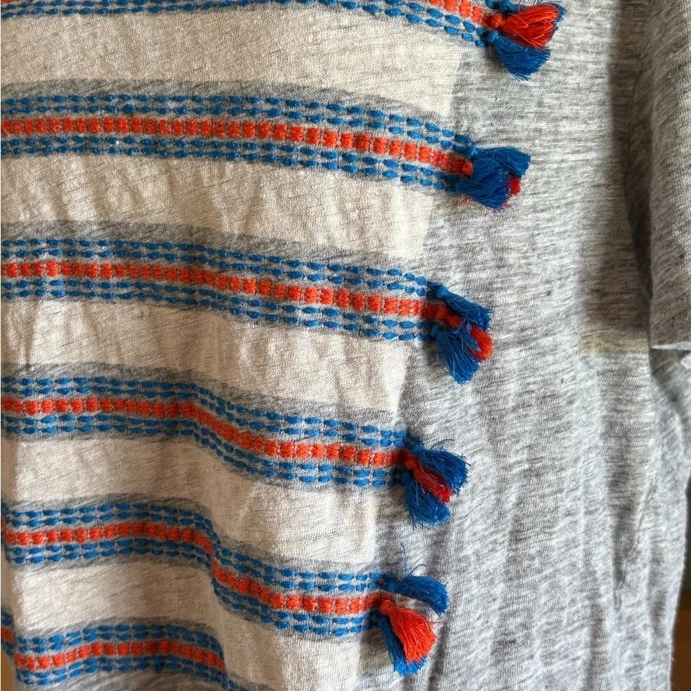 J. Crew Heather Gray Short-Sleeve Tee with Blue and Orange Tassel Stripes